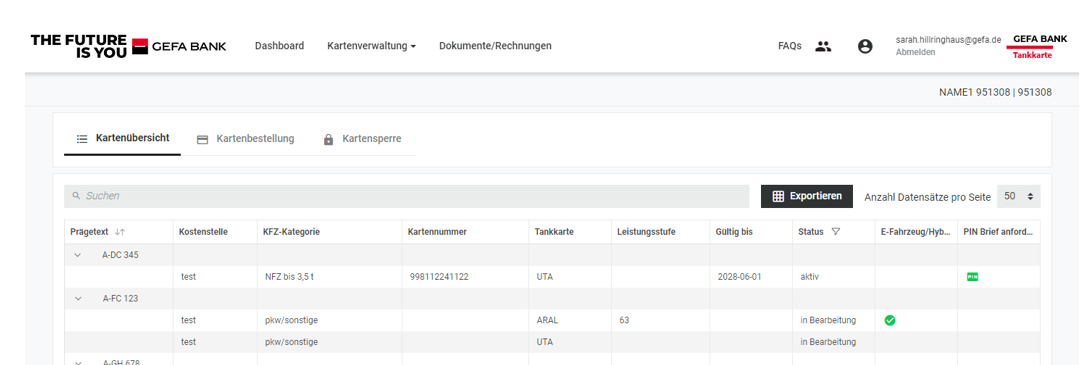 Kartenübersicht GEFA Tankkarte